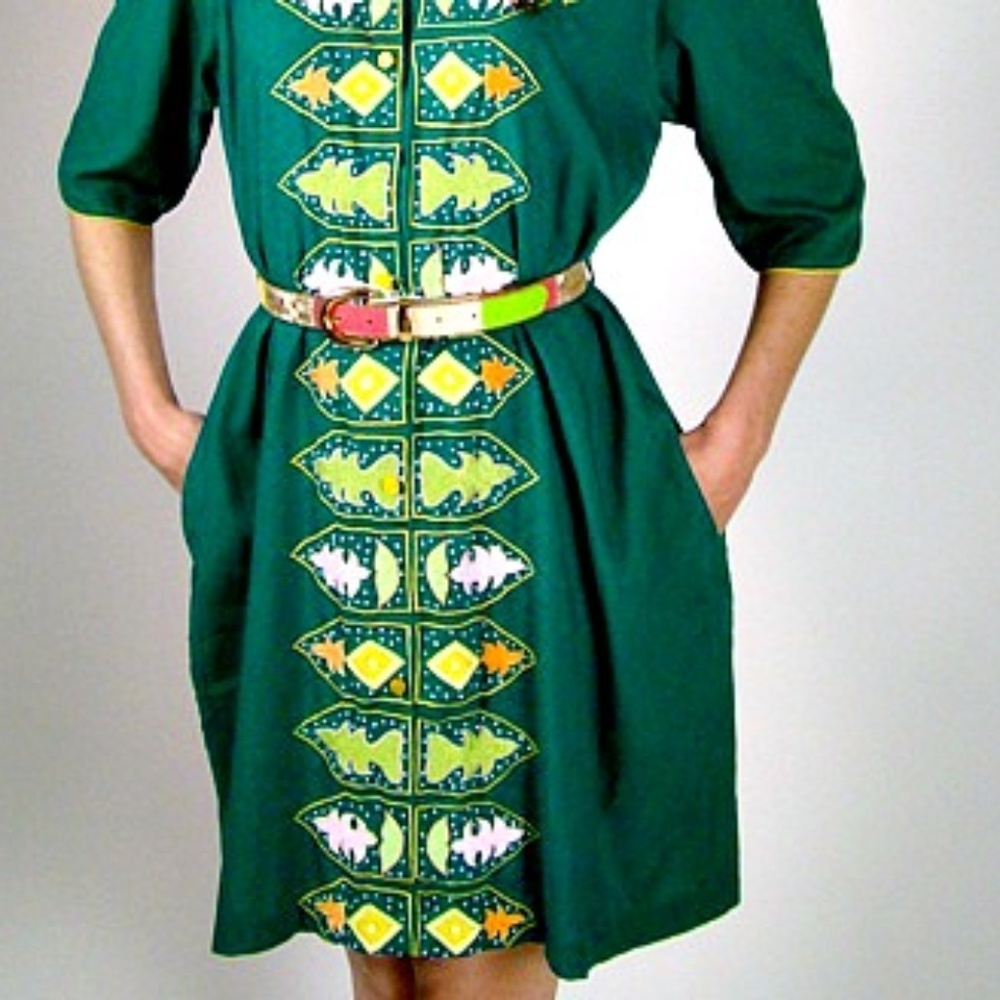 Vintage 80s Boho Green Embroidered Dress Size Large Cotton Blend Style - Picture 2 of 5
